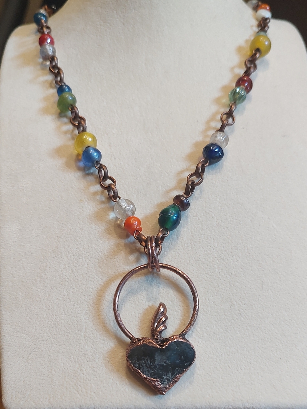 Copper Electroform Raw Labradorite Pendant With Antique Copper Beaded Necklace